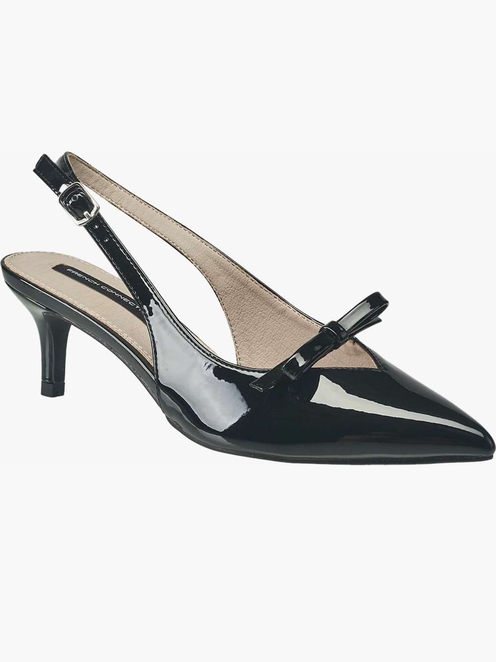 French Connection Quinny Slingback Kitten Heel-black patent with Bow Accent
